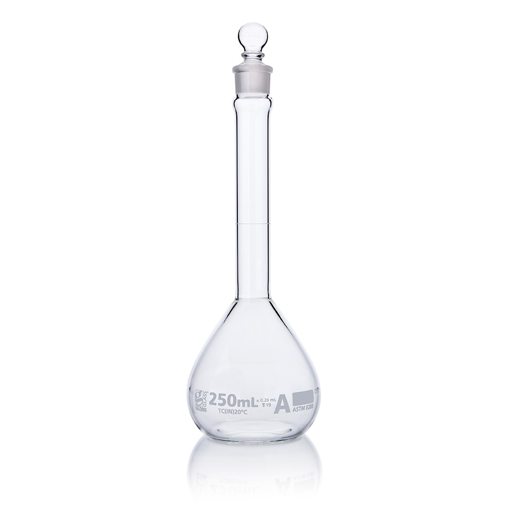 Globe Scientific Flask, Volumetric,  Wide Mouth, Globe Glass, 250mL, Class A, To Contain (TC), ASTM E288, 6/Box Image